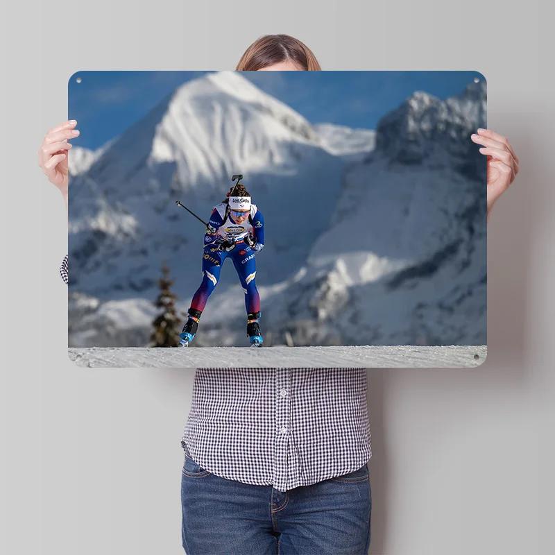 Jeanne RICHARD At the Biathlon Poster Retro 3D Printed Metal Signs Customized Wall Hanging Gift for Wand Deko Decoration Room