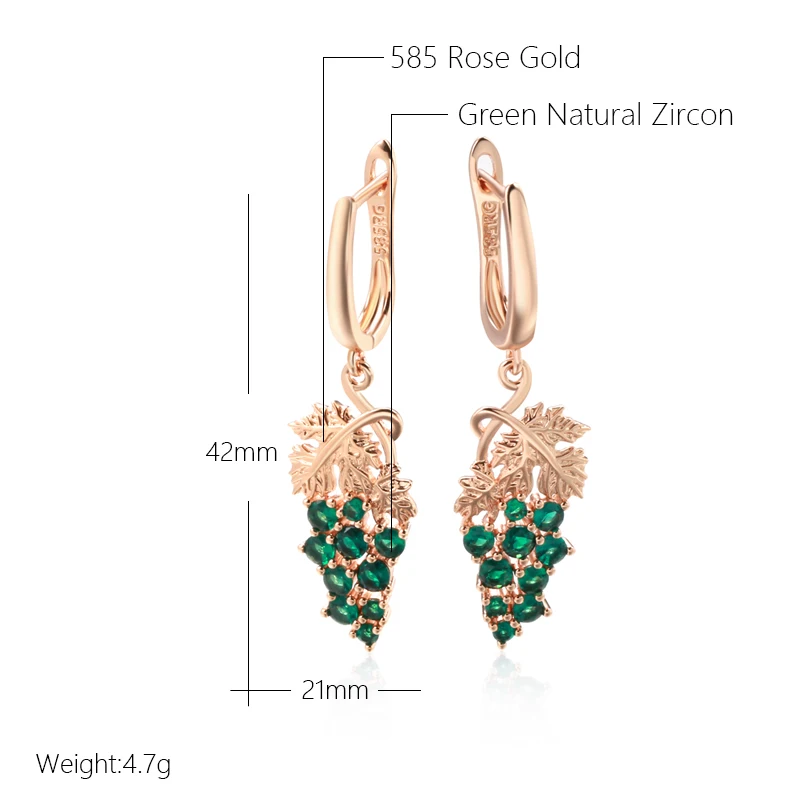 Kienl Hot Full Shiny Green Natural Zircon Long Grape Drop Earring for Women 585 Rose Gold Color Unique Crystal Vintage Jewelry