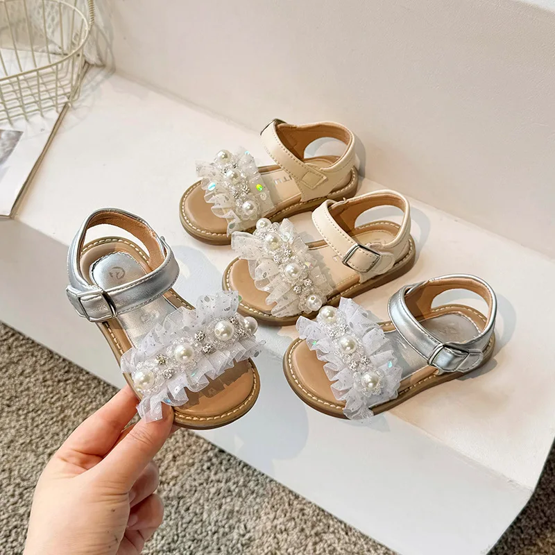 Princess Sandals 2024 New Summer Girls Pearl Women Soft Soled Non-slip Sandals