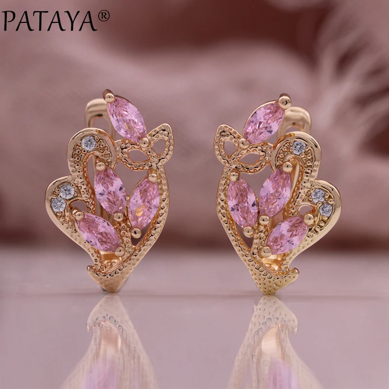 PATAYA New 585 Rose Gold Color Earrings Horse Eye Petal Natural Zircon Dangle Earrings Women Creative Vintage Fashion Jewelry