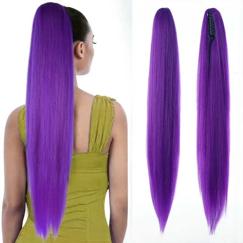 

Wig for women high ponytail clip on style purple long straight hair high tie simulated ponytail