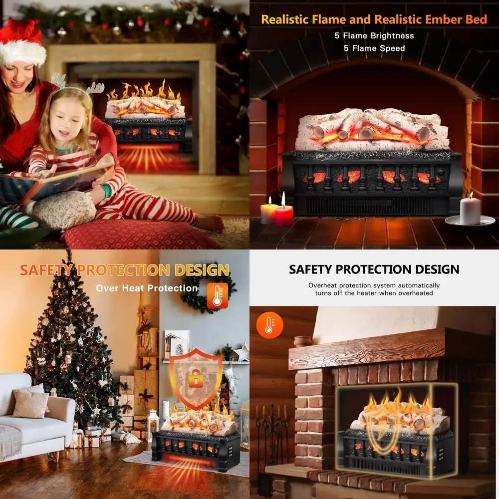 

21 Electric Fireplace Insert with Adjustable Flames, 750W/1500W, Remote, Overheat Protection, White Logs for Home & Office