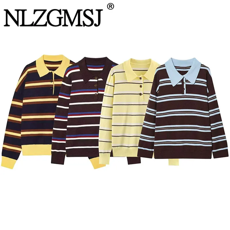 

NLZGMSJ Women's Autumn Knitted Women Fashion Long Sleeve Stripe Sweater New Casual Loose Streetwear Knitwear Pullover Tops ﻿ ﻿ ﻿