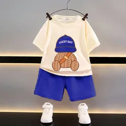 New Boy's Summer Clothing Set Casual Loose T-shirt and Shorts for Boys Drop Shoulder Sleeve Baby T Shirt Sets Carton Hat Bear