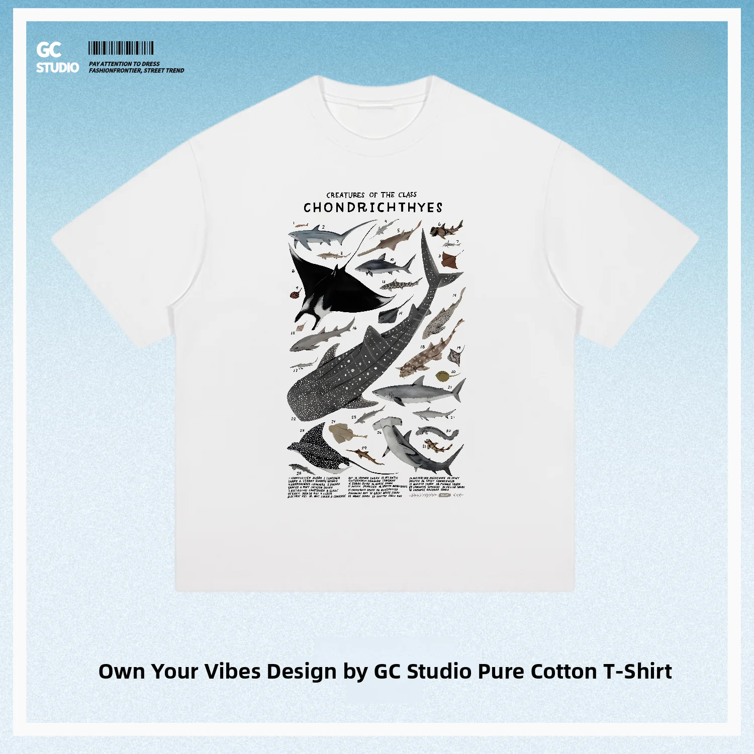 Daily Wear Pure Cotton Short Sleeve round Neck Breathable T-Shirt Marine Animal Print Devil Ray Shark Soft Bone Fish Category
