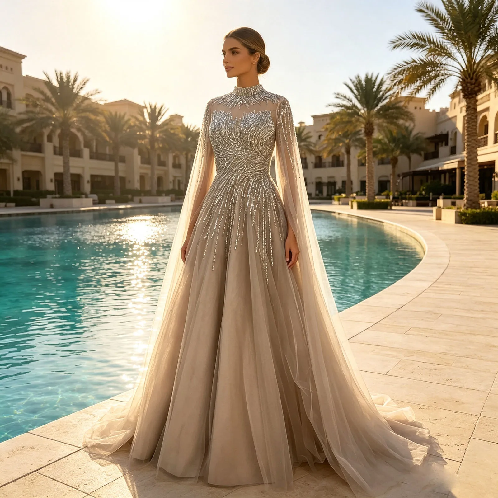Eshaut&bridal Abendkleid mit Perlenbesetzten Cape-Ärmeln A-Linie Formelles Kleid Muslimisches Arabisches Hochzeitskleid für Damen 2026 Maßanfertigung