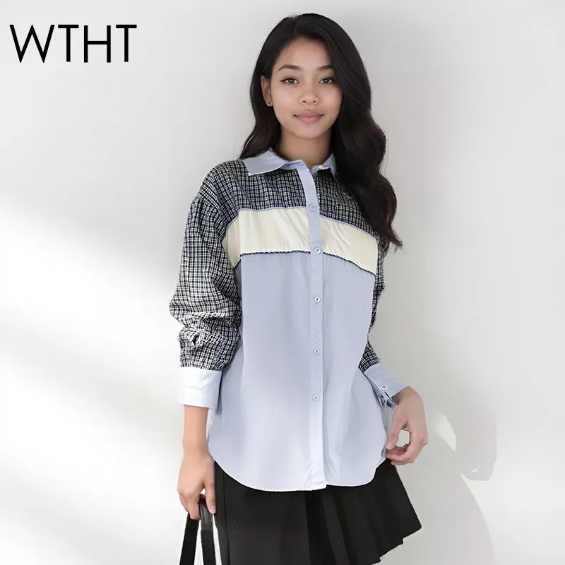 

WTHT Fashion New Women's Patchwork Plaid Contrast Color Shirt 2025 Summer Trendy Lapel Long Sleeves Blouse Female 1LS2204