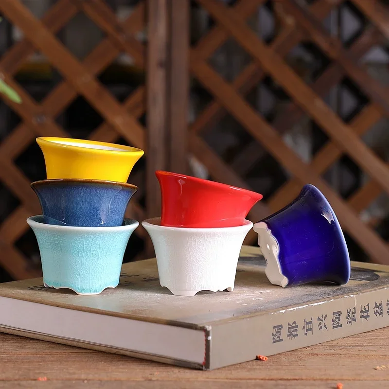 yesPorcelain Round Circle Bonsai Pot, Chinese Shape, Colorful Glazed, Traditional, Dormitory Room Table, Home Garden Decoration
