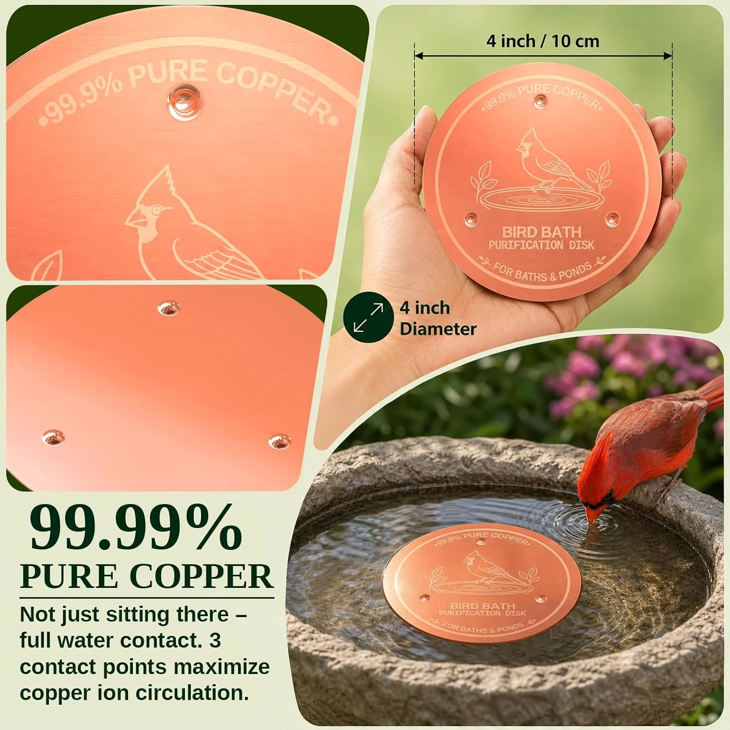 Copper Disc for Bird Bath, 99.9% Pure Copper (Cardinal) | Triple Point Support, Fits Bird Baths & Bowls, Reduces Mineral Buildup