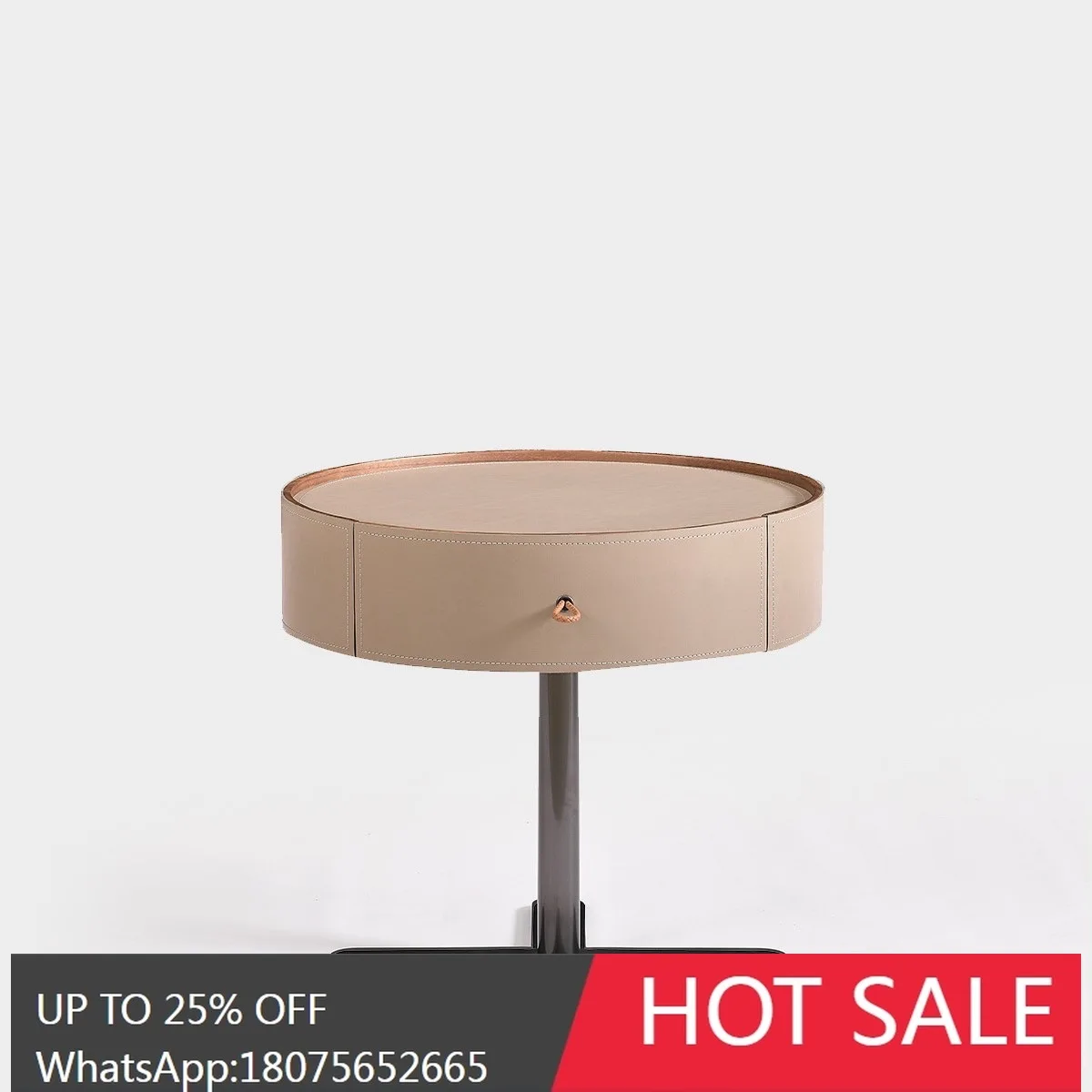 HLZ Italian Minimalist Saddle Leather Bedside Table Round Solid Wood Nightstand Light Luxury Bedroom Small Side Table