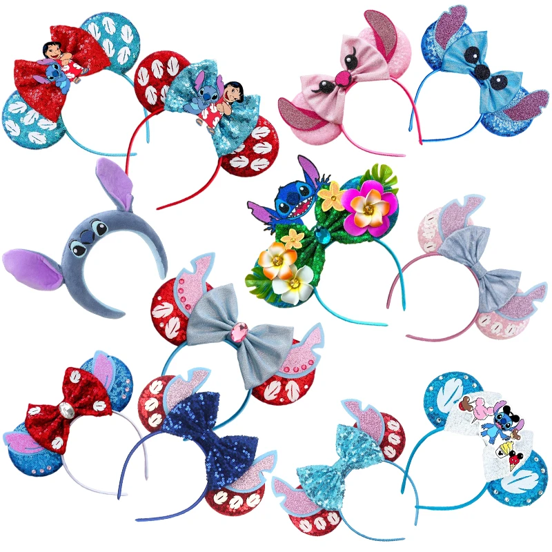 Disney Sequins Bow Ears Lilo & Stitch Headband Women Mickey Minnie Hairbands Girl Donald Daisy Hair Accessories Kids Kawaii Gift