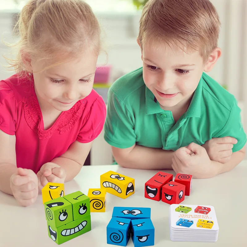 Cartoon Cube Face Changing Building Blocks Board Game Wooden Puzzle Montessori Toy Anxiety Stress Relief Toys For Children Kids