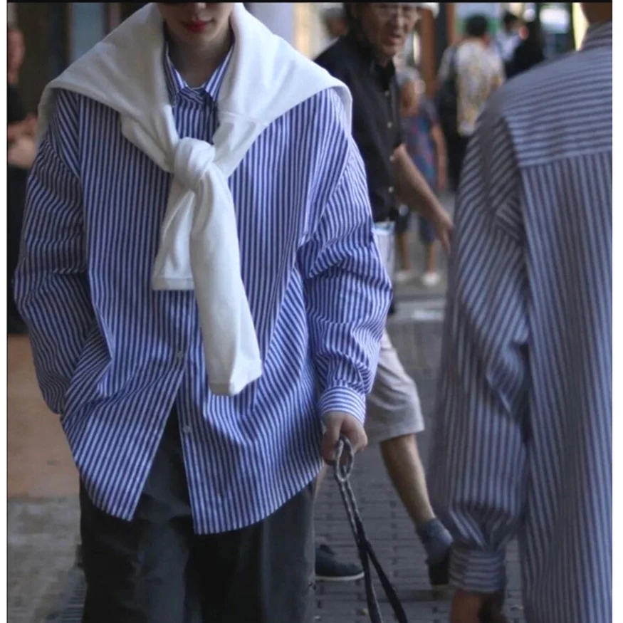 

American Retro Striped Men's Oversize Long Sve irt Loose Workwear y Youth Trend Pure Color Point Collar All Seasons