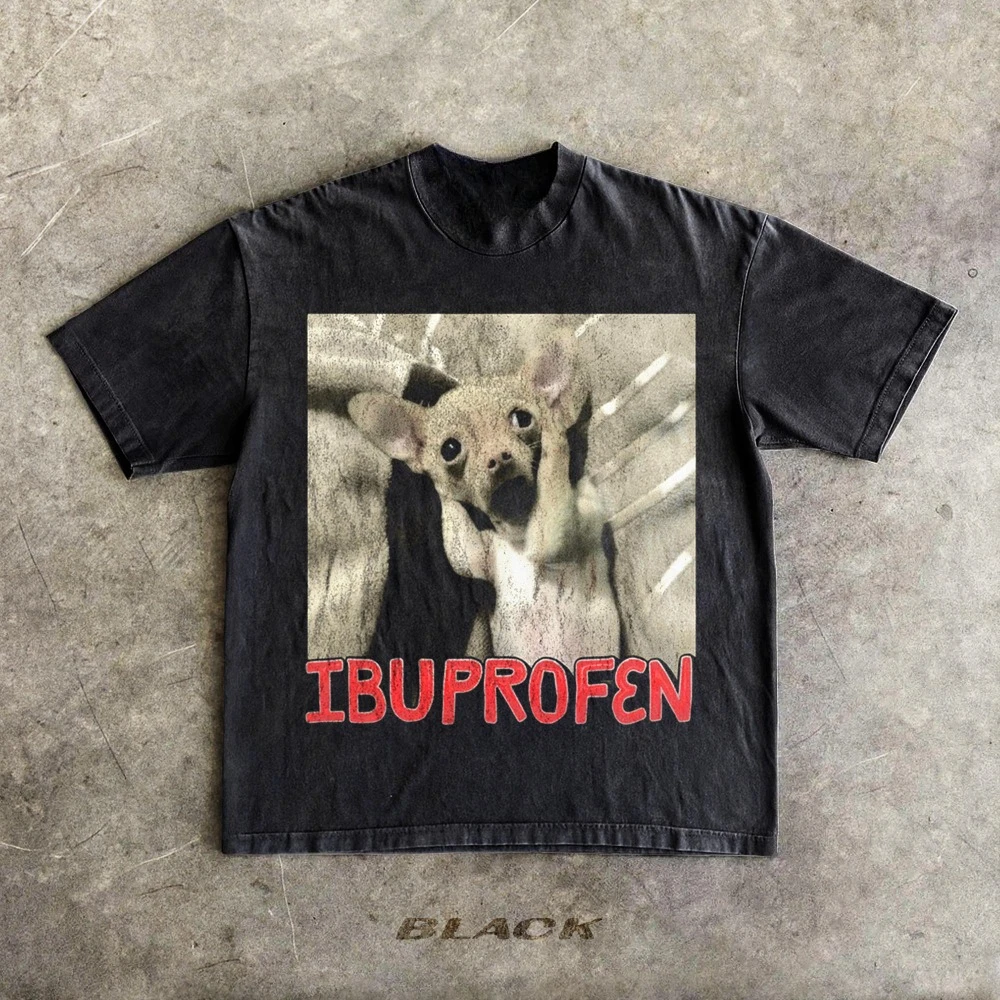 이부프로펜 재미있는 개 이모티콘 팩 90년대 레트로 해적판 재미있는 어색한 티셔츠 순면 유니섹스 스트리트웨어 탑 고딕 y2k 셔츠