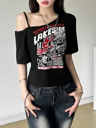Camiseta gótica con estampado de letras Y2k para mujer, camisetas Punk con hombros descubiertos, ropa de calle Harajuku de verano, camiseta Grunge, Tops cortos Sexy estéticos