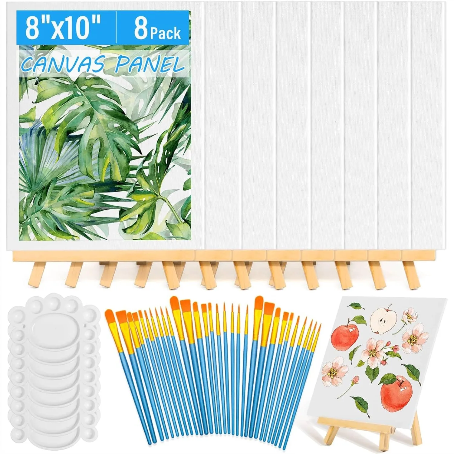 

54 Pack Canvas with Easel Set 8x10 Inch Canvas Boards, Wooden Easels, Paint Brushes for Acrylic Oil Watercolor Beginners Art