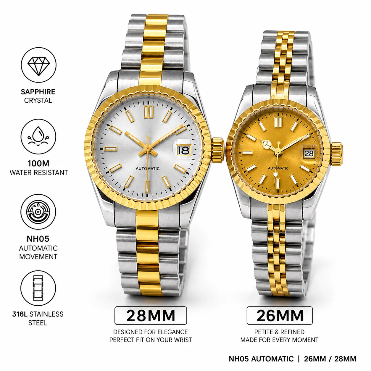Two Tone Gold 26m /28mm Women NH05A Mechanical Watch Fluted Bezel Luminous Dial Stick Number Jubilee Band Ladies Automatic Watch