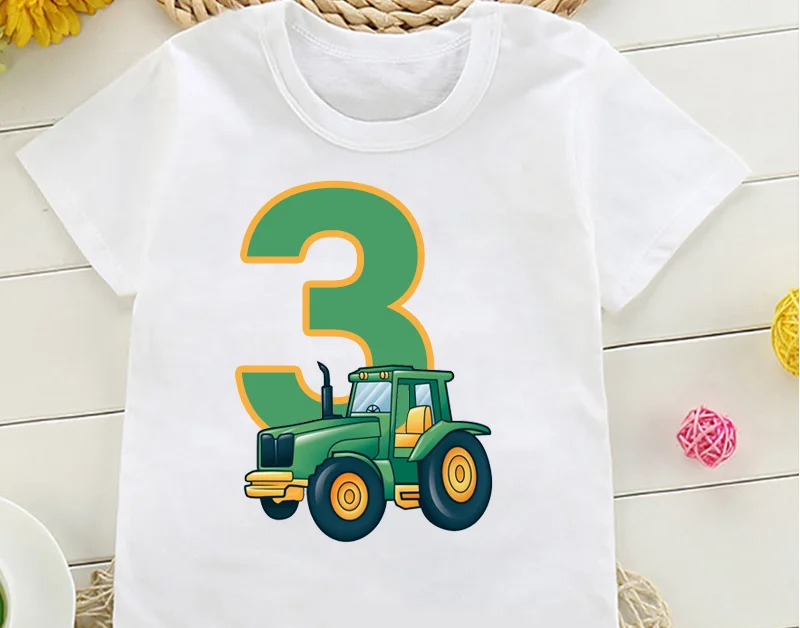 Bonito agricultor trator 1-8 anos de idade feliz aniversário t camisa crianças festa de aniversário presente engraçado t camisa topos