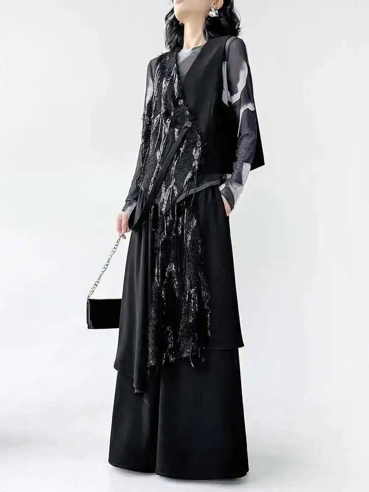 

Big Size Irregular Vest Sequins Wide Leg Pants Two Piece Suit New V-Neck Sleeveless Women Fashion Tide Spring Autumn