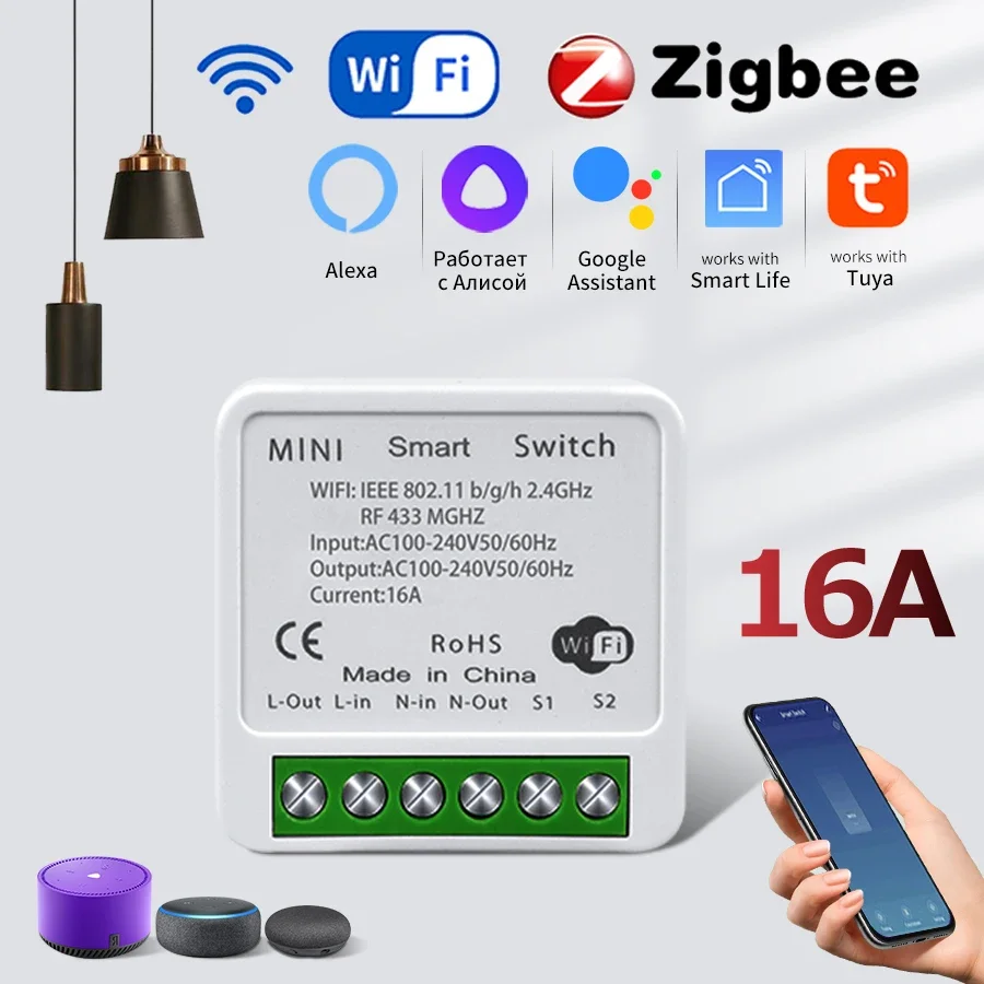 16A ZigBee WiFi Smart Switch Breaker Relay 220V 110V 2-Way Control Tuya Smart Life APP Control Support Alexa Google Assistant