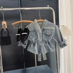 2025 Spring Korean Girls Denim Coat New Children Clothing Nail Bead Versatile Short Girls Baby Top