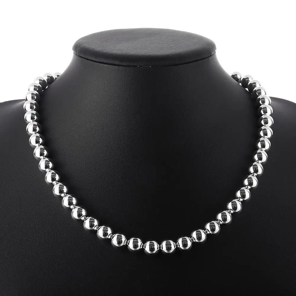 

Hot 925 Stamp Silver Color Necklaces for Women Fashion Jewelry 20 Inches 10MM Classic Smooth Beads Chain Wedding Christmas Gifts