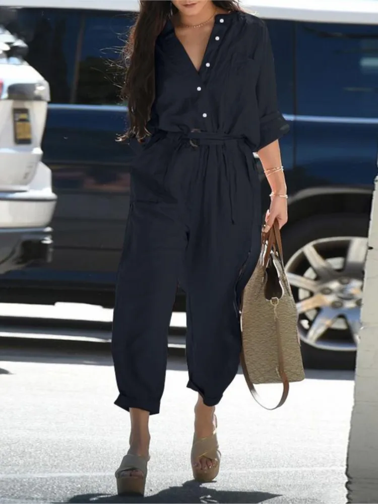 Autumn New Cotton And Linen Jumpsuit Women Solid Color Long Sleeves Buttons High Waist Leace-up Casual Vintage Ladies Jumpsuits