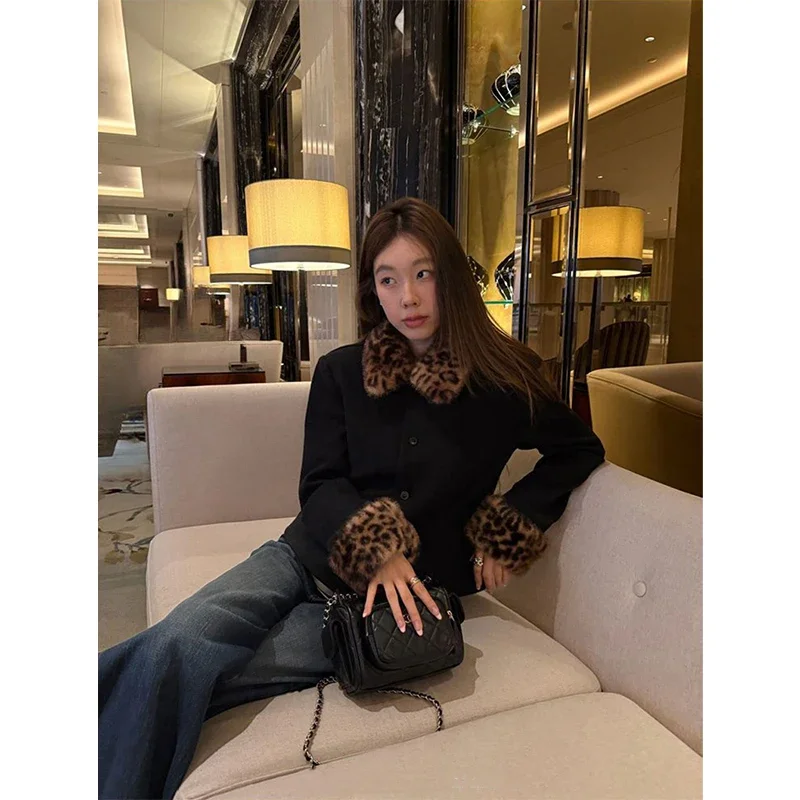 سترة نسائية سوداء عتيقة من MEXZT معاطف هاراجوكو مقصوصة على شكل الفهد ملابس شتوية كورية بأكمام طويلة ملابس خارجية قصيرة