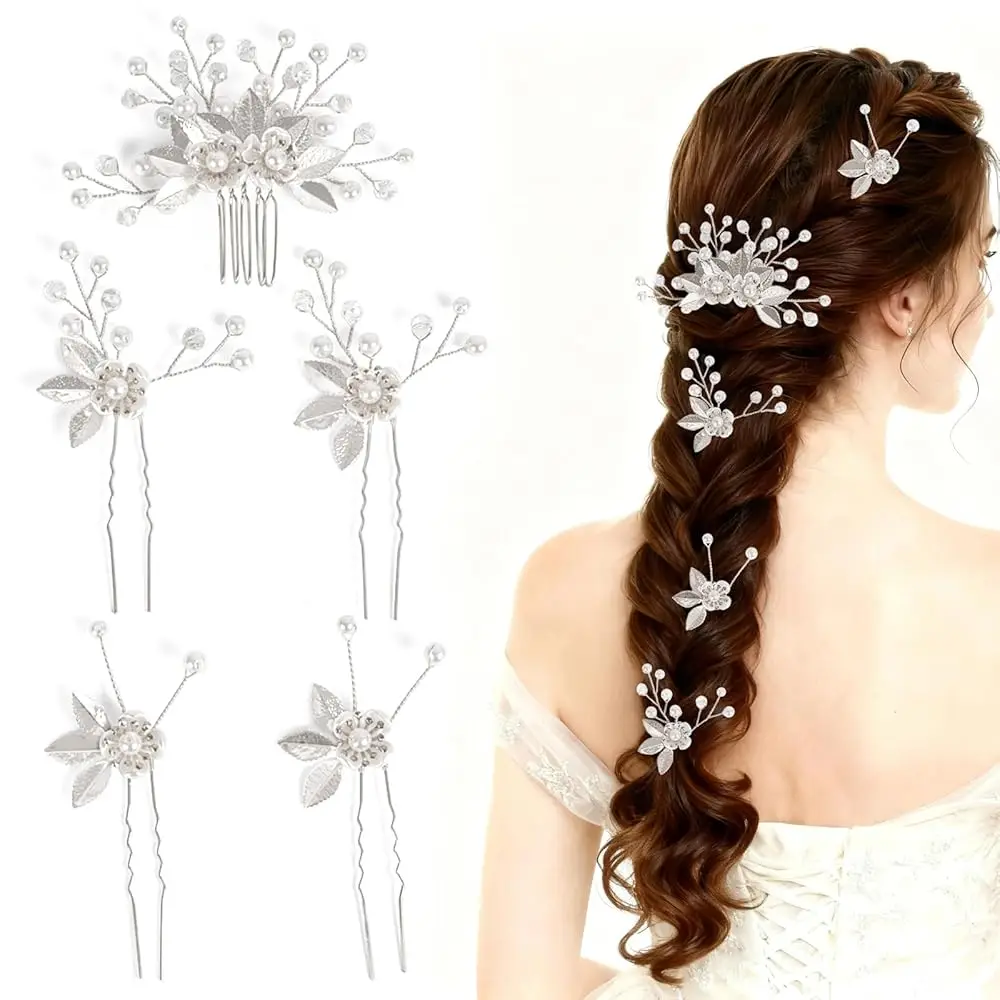 

Fancy Leaf Floral Pearl Hair Pins, Rhinestone Wedding Hair Accessories for Bridal Women, Set of 5 (Silver)