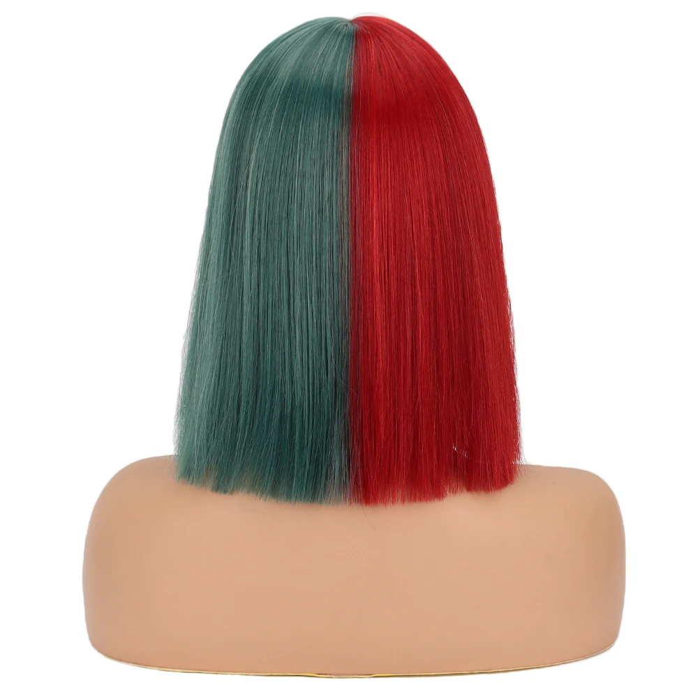 Pelucas sintéticas cortas y rectas para mujer, cabello rojo y verde con flequillo, Material resistente a altas temperaturas, Cosplay, navidad