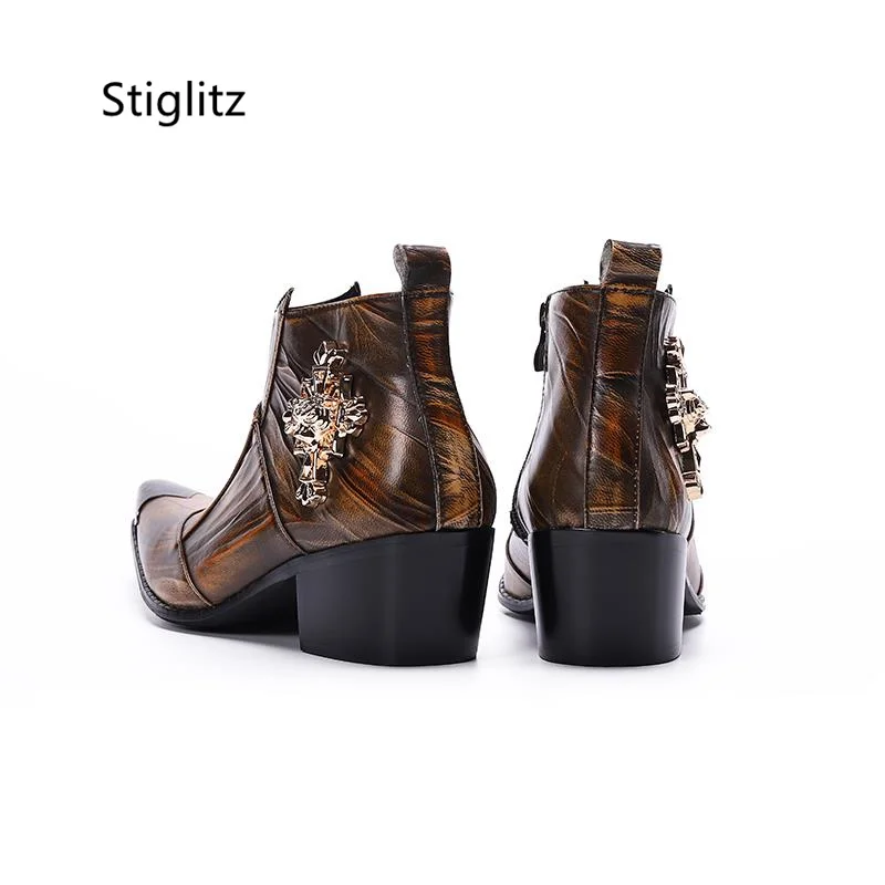 Bronze Genuine Leather Iron Toe Men\'s Chelsea Boots Zipper Metal Decor Pointy Ankle Boots High Heels Party Wedding Male Shoes