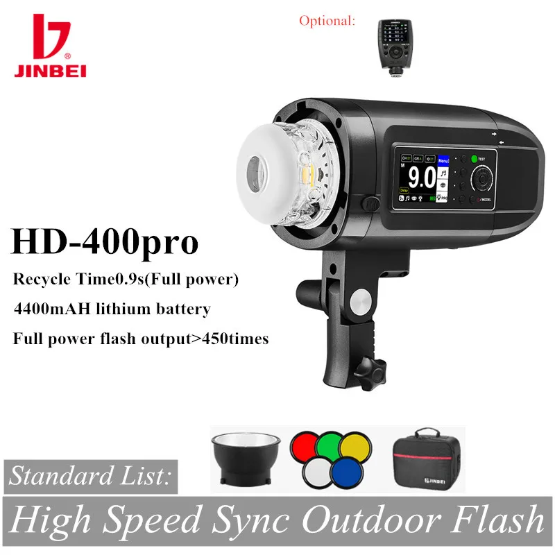 

JINBEI HD-400pro Outdoor Flash Strobe Light Bowens Mount 400Ws GN66 High Speed Sync With 2.4G Wireless System 4400mAh Battery