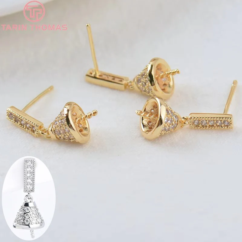 (2075) 2PCS 17MM 24K Gold Color Brass with Zircon Stud Earrings with Half Pin Stud Earrings High Quality Jewelry Making Finding