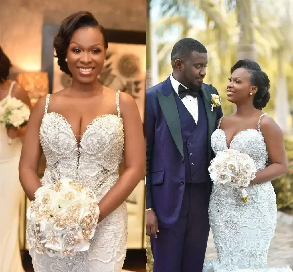 Robe de mariée sirène Spaghetti de luxe personnalisée, col en V, dos ouvert, perles de cristal, robe de mariée noire pour filles 2