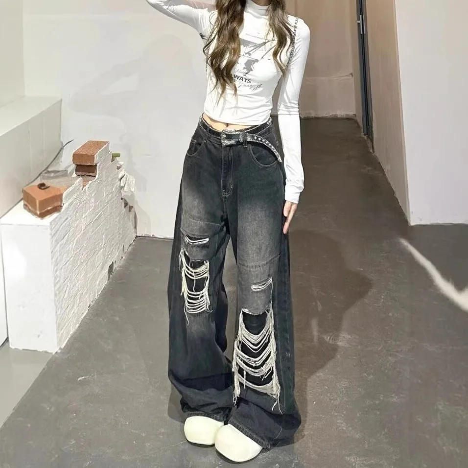 

Women's Black Gothic Y2k Ripped Jeans Baggy Aesthetic Denim Trousers Harajuku Oversize Jean Pants Vintage 2000s Trashy Clothes