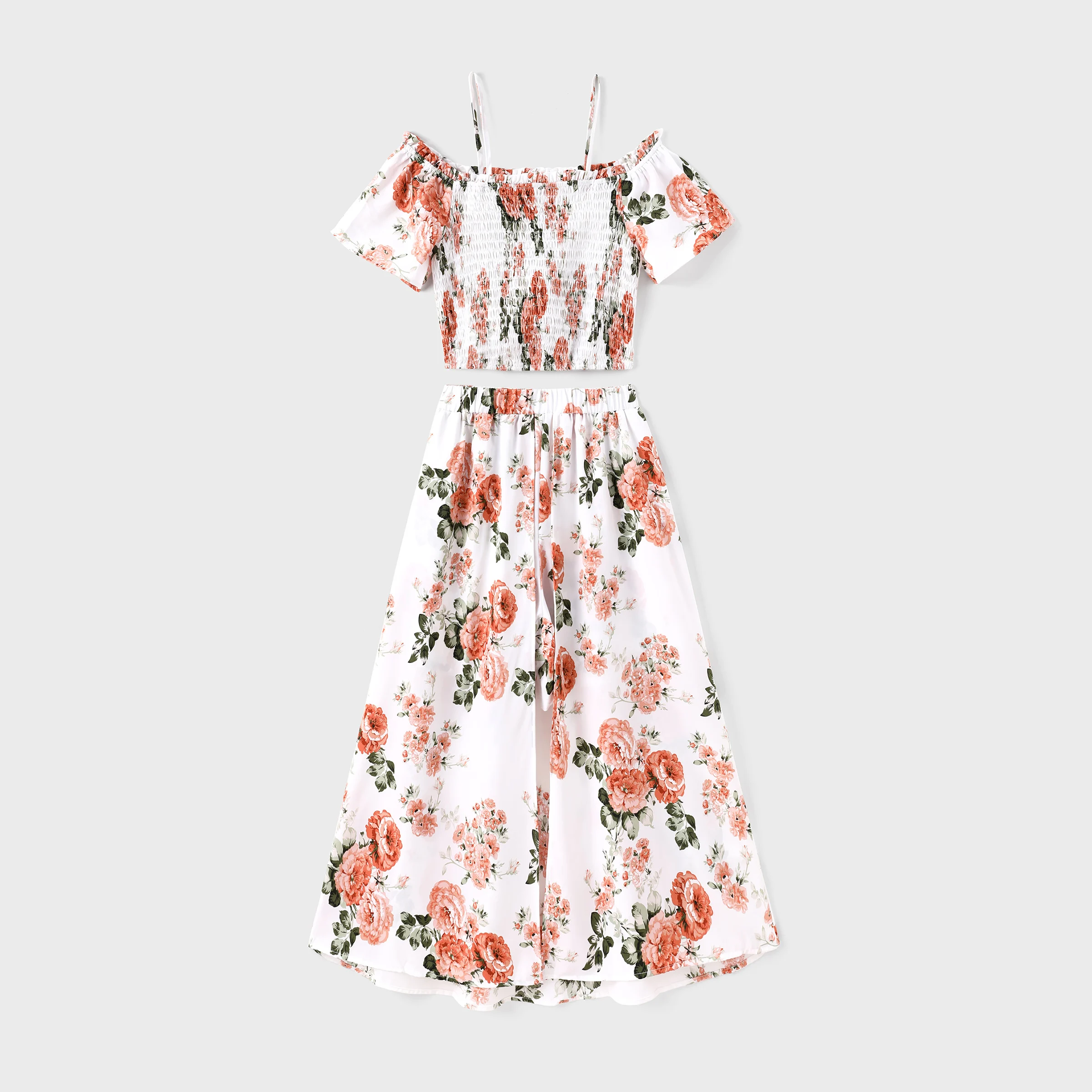 طقم بات بات فاميلي باك مطبوع عليه زهور مكشكش مكشوف الكتفين وسروال قصير أو تنورة للفتيات والأمهات #6