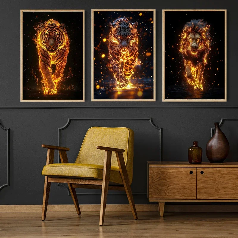 Majestic Animals in Flames Poster Fiery Tiger Wolf Lion Leopard Bear Rhino Deer Canvas Painting Wall Art Living Room Home Decor