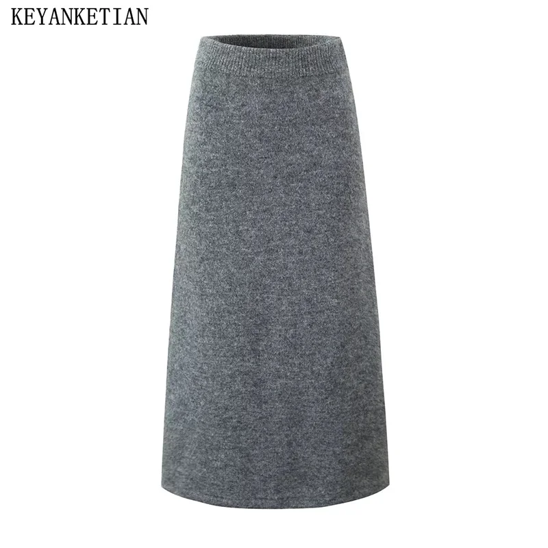 KEYANKETIAN 2024 Autumn/Winter New Women's Grey Knit MIDI Skirt Simple style Elastic Waist Slim Basics A Line Ankle-Length Skirt