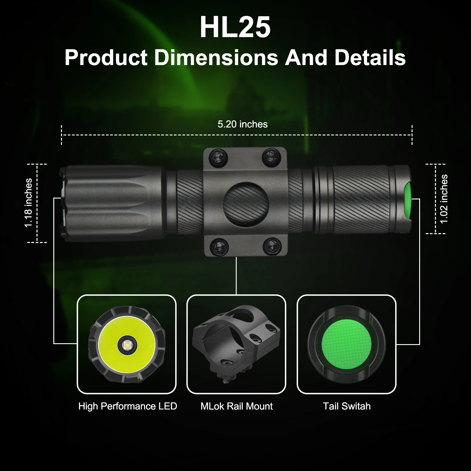 ANEKIM HL25 Green LED Flashlight, Rechargeable 18650 Battery, IPX68 Waterproof Portable Torch, Hunting Coyote and Wild Boar