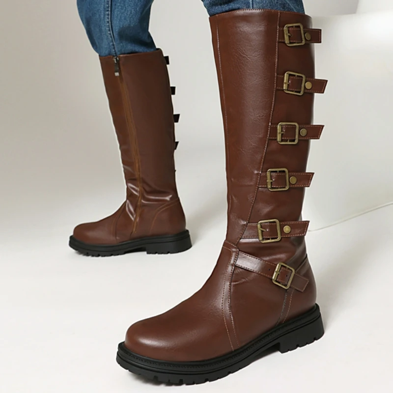 Woman Boots Knee High Platform Elegant Low Heel Trend Punk Gothic New Rock Leather Fashion Women's Shoes Motorcycle Footwear