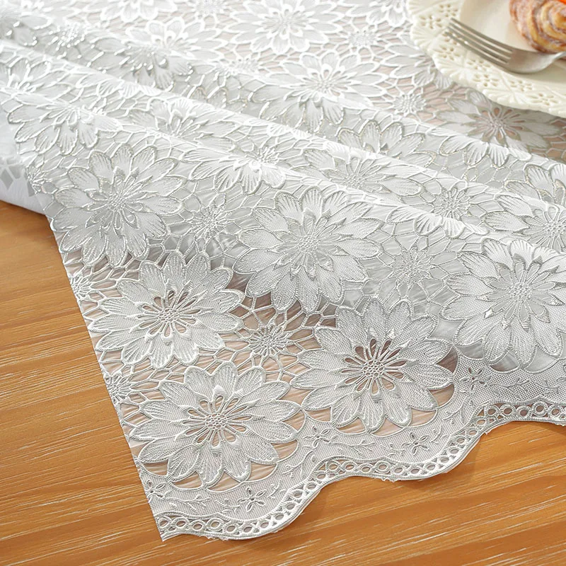 PVC Lace Tablecloth Waterproof Washable and Erasable Table Linen Tea Table Cloth Rectangular Table Cover Silvery