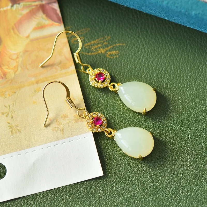 

Copper Inlaid Hetian Jade Water Drop Fashionable Simple Women's Earrings