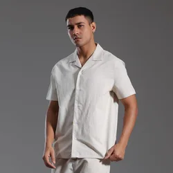 Cotton Linen Shirt Men Cuban Collar Short Sleeve Shirts Linen-cotton Blend Guayabera Blouse Mexican Tops Vacation Casual Clothes