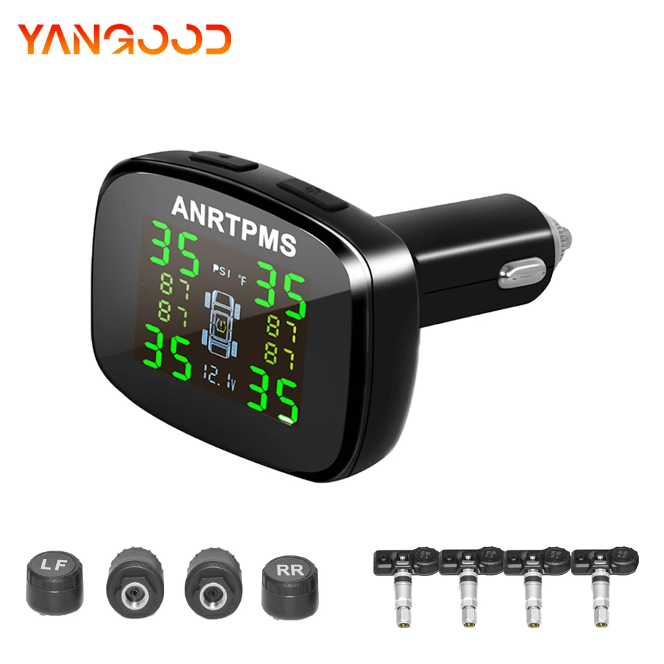 Yangood TPMS Sistema di monitoraggio della pressione dei pneumatici per auto 4 sensori dei pneumatici Allarme di sicurezza Spina accendisigari Ricambi auto