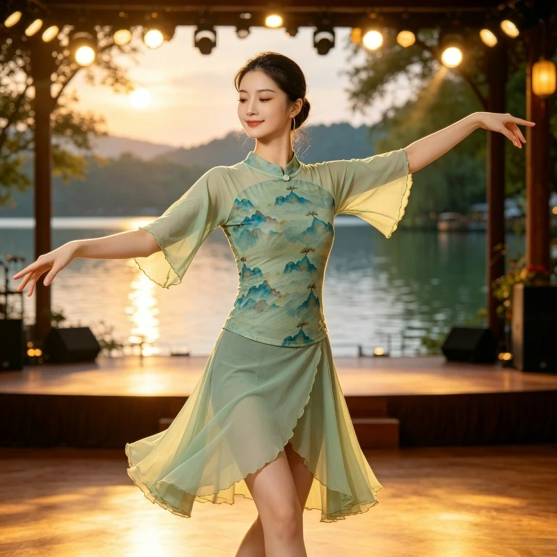 

Women Green Ink Painting Printed Latin Dance Top Chiffon Moisture Wicking Gymnastics Fitness Dance Sportswear Casual Dance Tunic