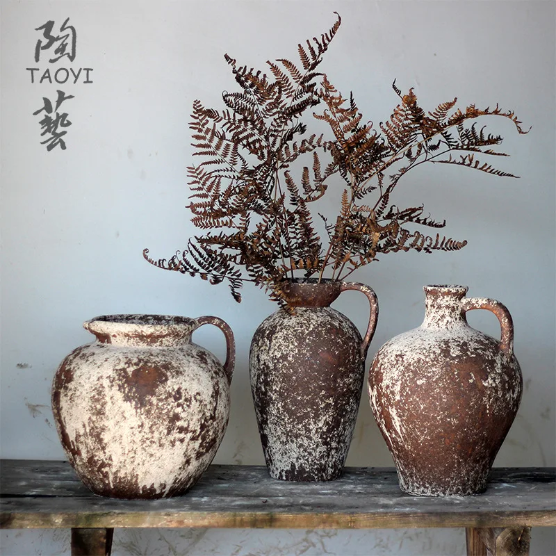 Jingdezhen-Rough Pottery Dried Flowers Vase, Wabi-Sabi Style, Retro Pot, Mediterranean Milk Pot, New