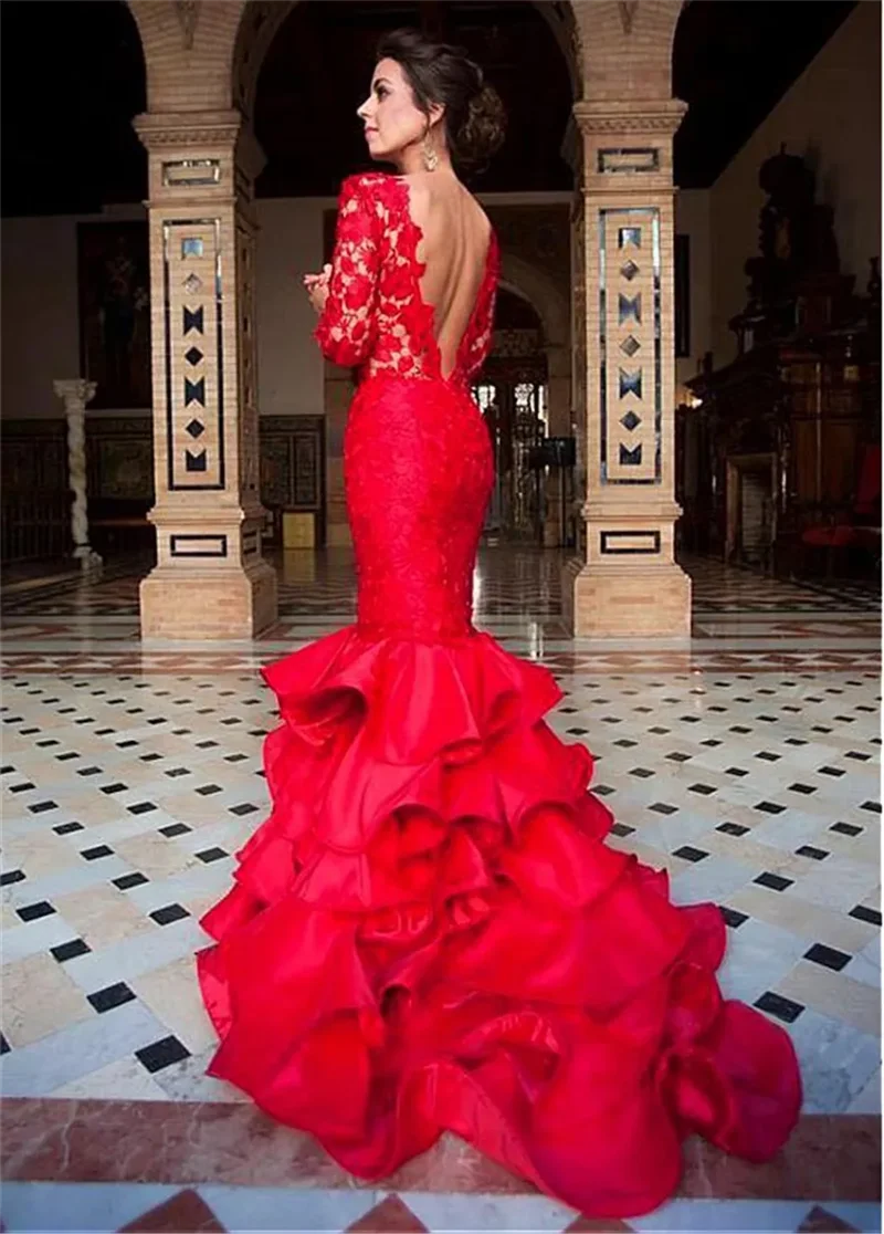 Elegante vestido de noche de sirena con volantes, escote de Joya, encaje de manga larga y falda de satén con volantes, vestidos de graduación rojos, novedad de 2024