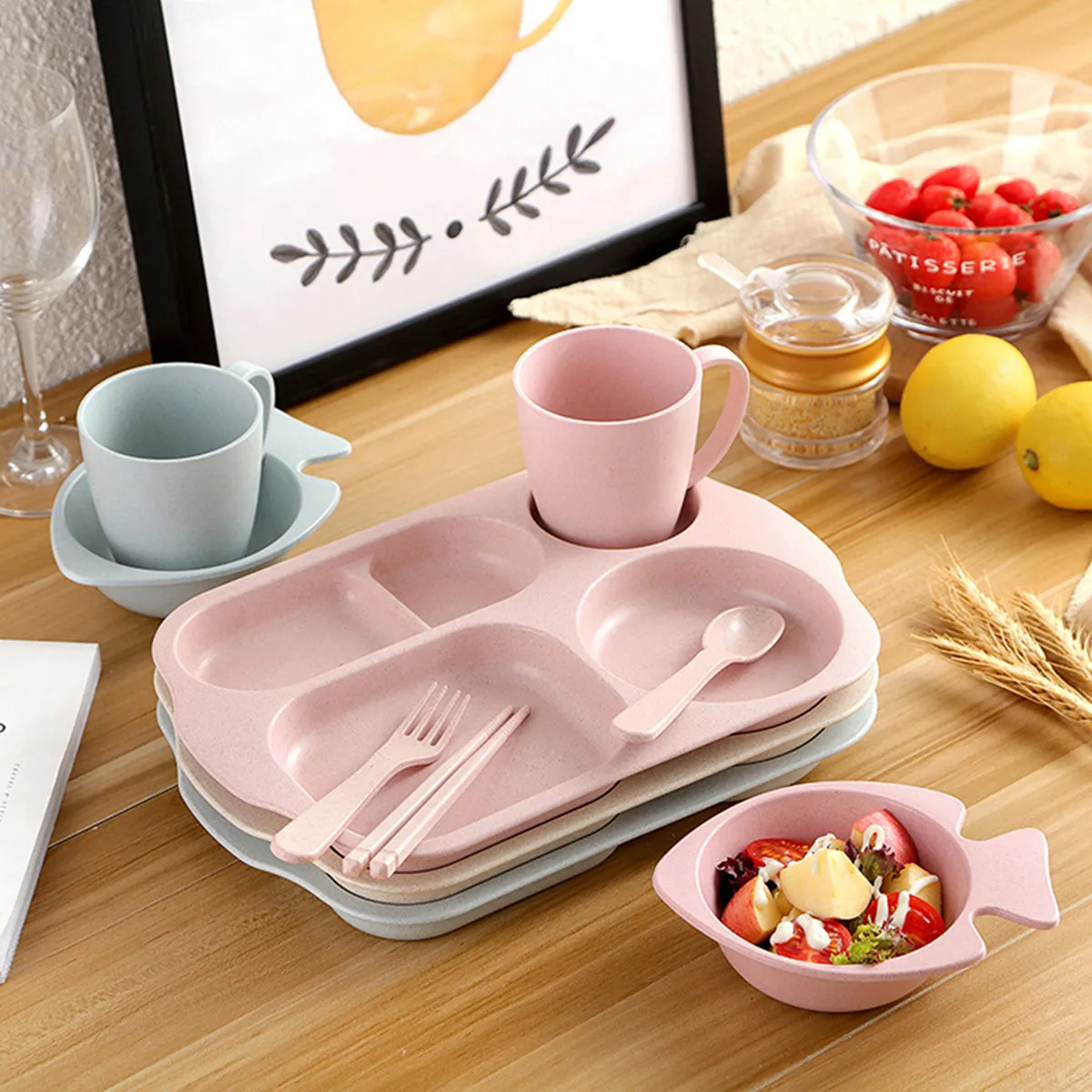 6Pcs Children Dinnerware Set Wheat Straw Fiber Safe Biodegradable Lightweight Tableware for Kids Toddler Feeding Bowl Plate Cup
