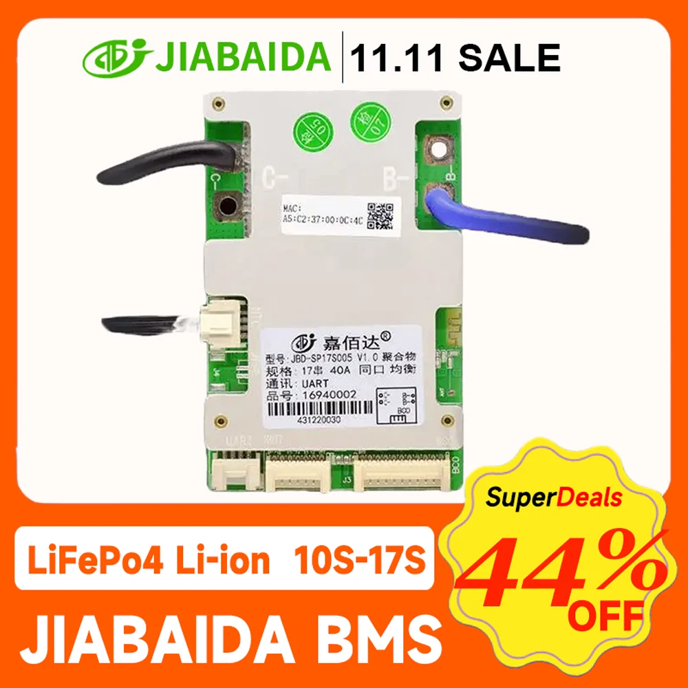 

JIABAIDA BMS 10S 12S 16S 17S Compatible LiFePo4 Li-ion Battery 20A-120A Current Charge Protect JBD Smart BMS BT UART Balance