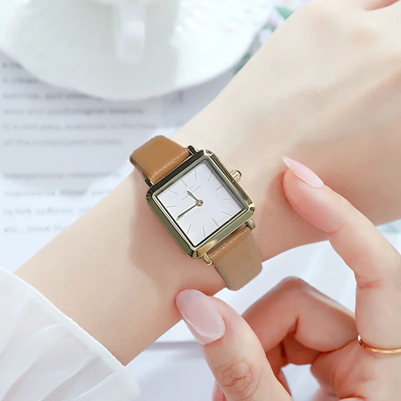 Original High-End Woman Watch Black Leather Waterproof Quartz Wristwatches Ladies Accessories Luxury Square Hand Clock Orange